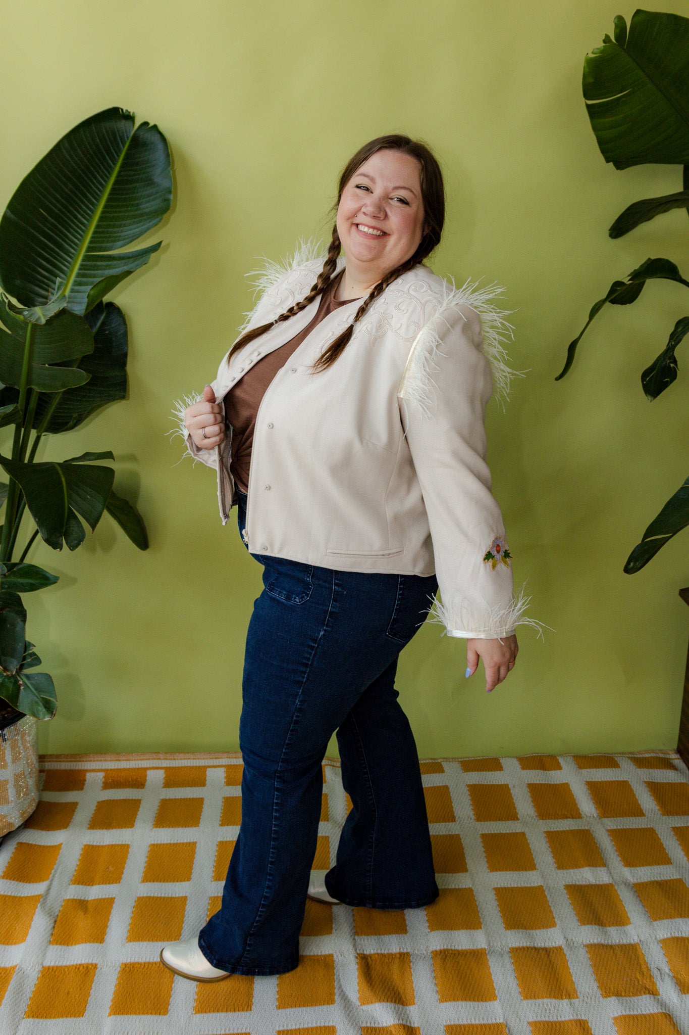 Cream Western Feather Horseshoe Chain Stitch Plus Size Blazer