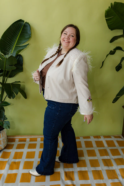 Cream Western Feather Horseshoe Chain Stitch Plus Size Blazer