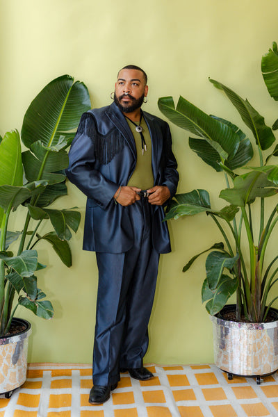 Black and Blue Pinstripe Chain Stitch Desert Fringe Full Suit