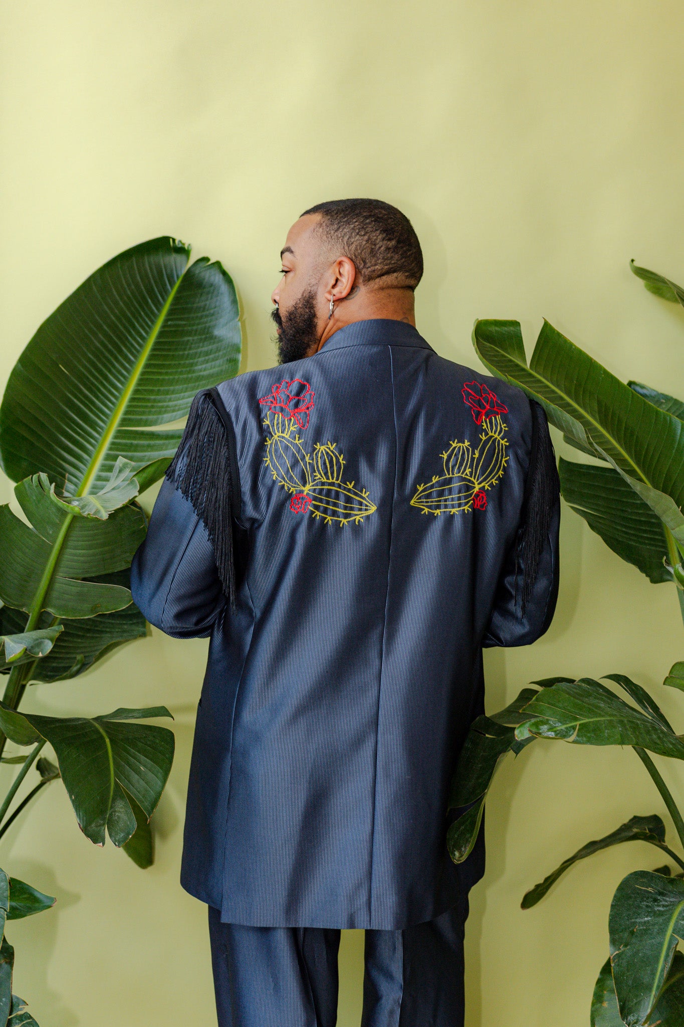 Black and Blue Pinstripe Chain Stitch Desert Fringe Full Suit