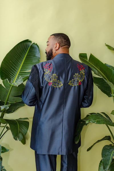 Black and Blue Pinstripe Chain Stitch Desert Fringe Full Suit