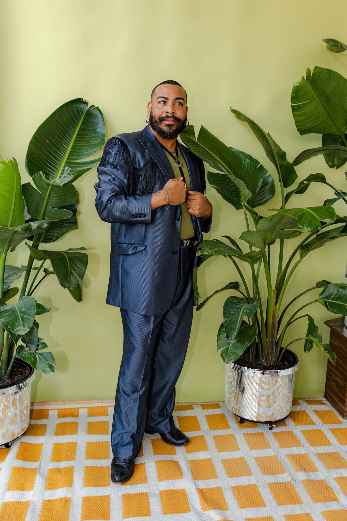 Black and Blue Pinstripe Chain Stitch Desert Fringe Full Suit