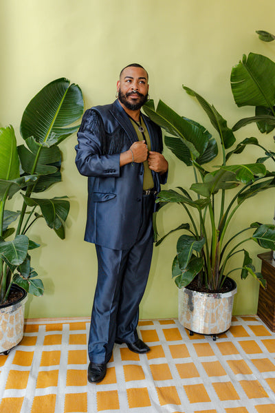 Black and Blue Pinstripe Chain Stitch Desert Fringe Full Suit
