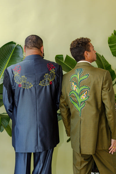 Black and Blue Pinstripe Chain Stitch Desert Fringe Full Suit