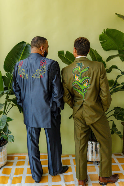 Black and Blue Pinstripe Chain Stitch Desert Fringe Full Suit