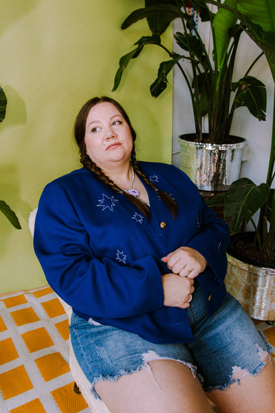 Blue Vase Chain Stitch Plus Size Blazer