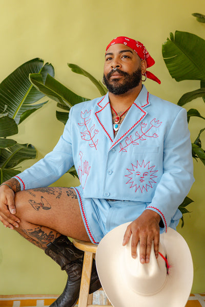 Light Blue Folk Chain Stitch Shorts Suit Set