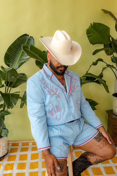 Light Blue Folk Chain Stitch Shorts Suit Set