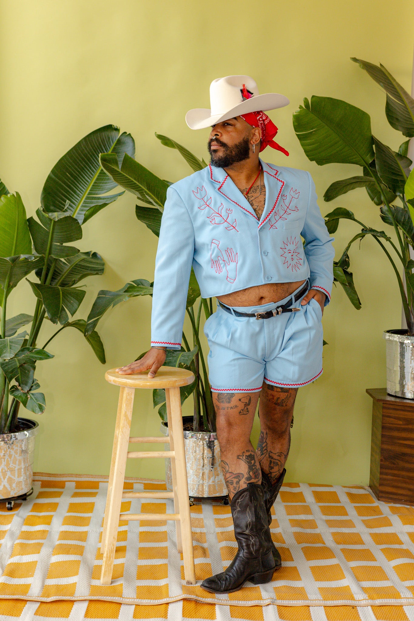 Light Blue Folk Chain Stitch Shorts Suit Set