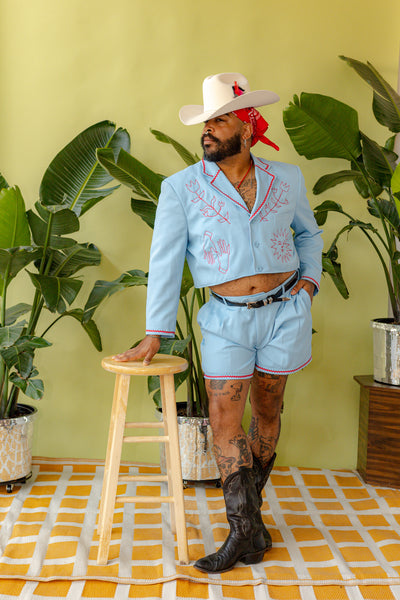 Light Blue Folk Chain Stitch Shorts Suit Set