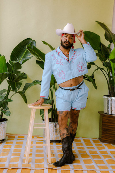 Light Blue Folk Chain Stitch Shorts Suit Set