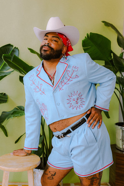 Light Blue Folk Chain Stitch Shorts Suit Set