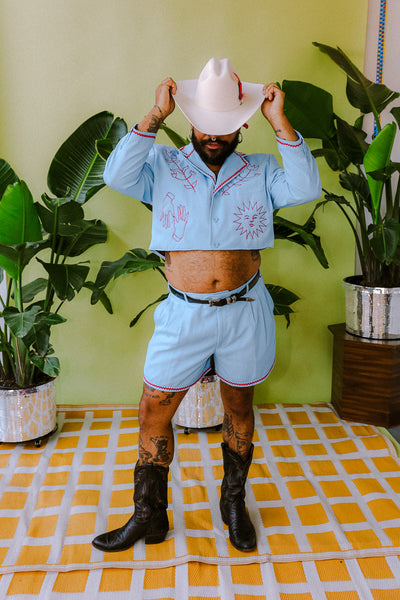 Light Blue Folk Chain Stitch Shorts Suit Set