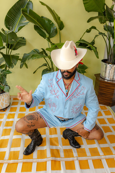 Light Blue Folk Chain Stitch Shorts Suit Set