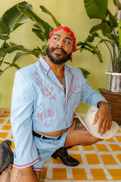 Light Blue Folk Chain Stitch Shorts Suit Set