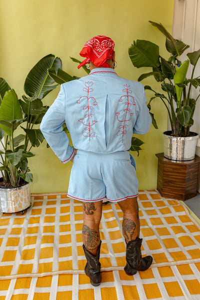 Light Blue Folk Chain Stitch Shorts Suit Set
