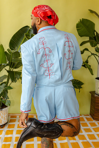 Light Blue Folk Chain Stitch Shorts Suit Set