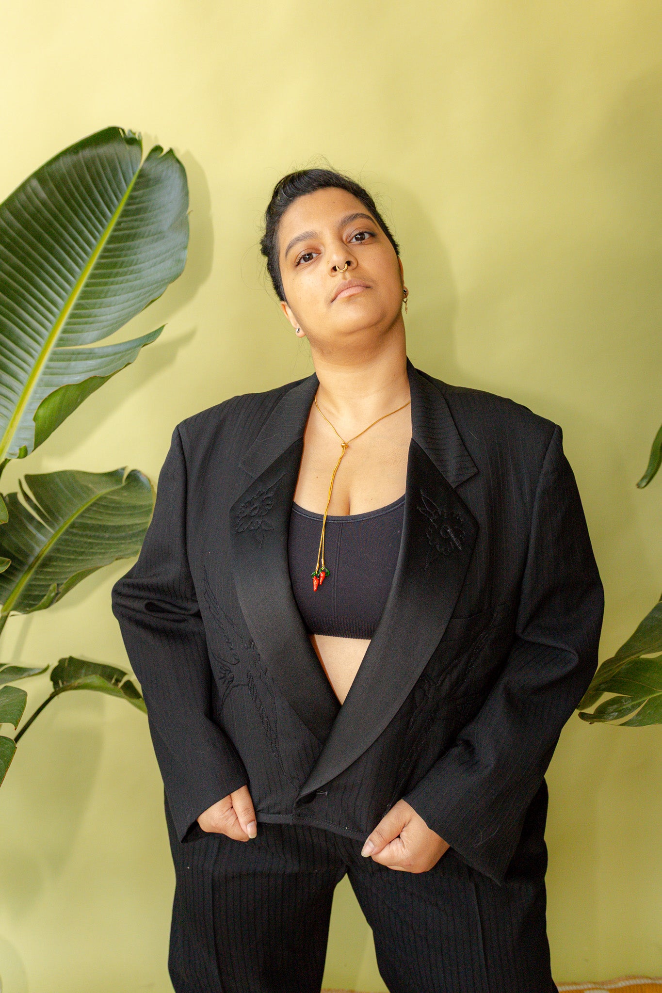 Plus Size Black Pinstripe Tuxedo Traditional Tattoo Style Chain Stitch Full Suit