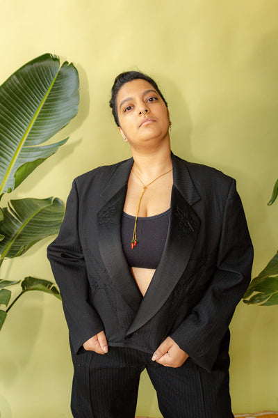 Plus Size Black Pinstripe Tuxedo Traditional Tattoo Style Chain Stitch Full Suit