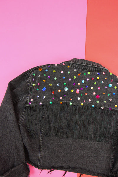 Medium Black Denim Crop Jacket with Fringe and Gemstones