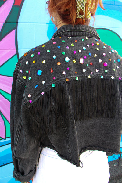 Medium Black Denim Crop Jacket with Fringe and Gemstones